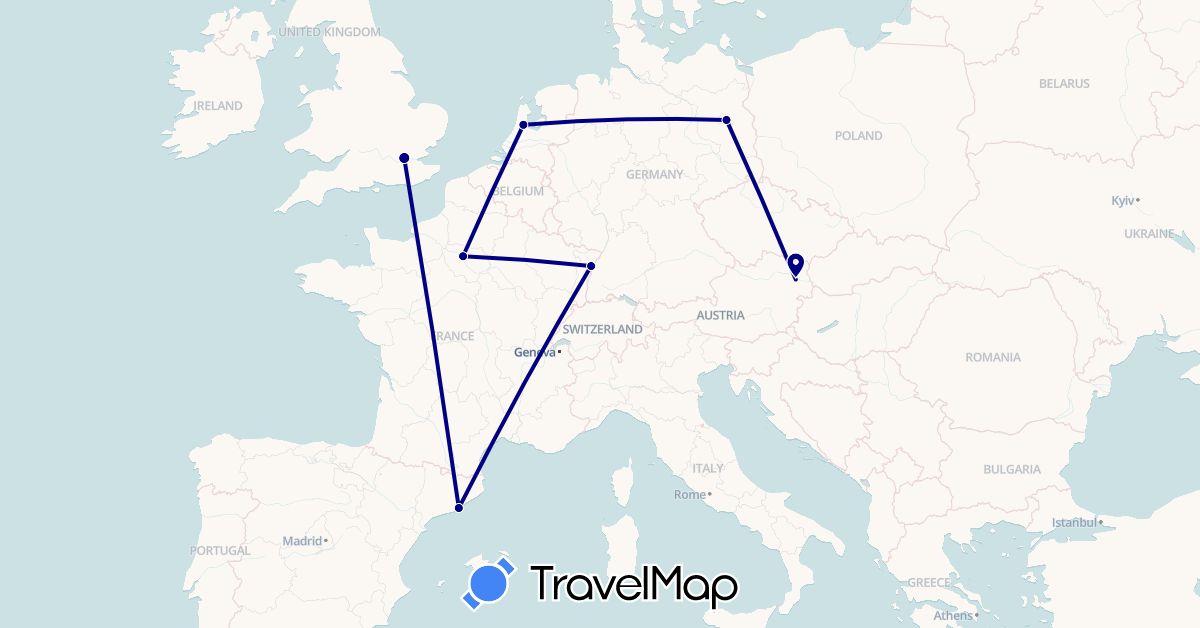 TravelMap itinerary: driving in Austria, Germany, Spain, France, United Kingdom, Netherlands (Europe)